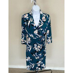 Eliza J Faux Wrap V-Neck Floral Printed 3/4 Sleeve Sheath Midi Dress Green